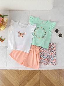 2件套女婴休闲可爱碎花印花荷叶袖上衣和舒适短袖套装，夏季 - 彩色 - 查看 1