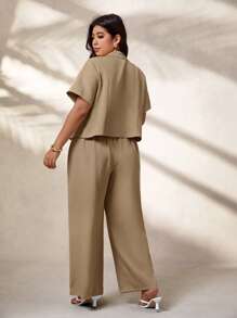 Calvaya Women Plus Size Khaki Short Sleeve Lapel Blazer Jacket And Elastic Waist Pants Office Suit Sets, Elegant Commuter Outfit For Summer Graduation,Back To School,Teacher Outfits For Women Women Pants Suit 2 Piece Casual Sets Women Women Two Piece Outfits Office Outfits For Women Set Pant Suit Summer Sets