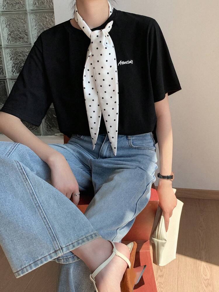 Women's Polka Dot Bow Decor Letter Print Loose Casual City Lifestyle Short Sleeve T-Shirt