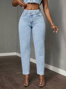 SHEIN Tall 女式休闲不对称腰部水洗牛仔裤 - 淺色水洗藍 - 查看 2