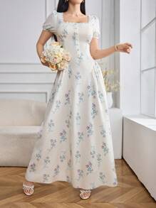 Modelyn 女士花卉印花撞色蕾丝泡泡袖优雅连衣裙 - 白色 - 查看 5