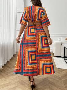 INAWLY 大码几何印花度假性感连衣裙 - 杏色 - 查看 2