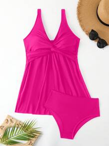 Swim Lushoire Falda de baño sólida y sexy con diseño de torsión que coincide con la Bottom, para vacaciones - Rosa Fucsia - Ver 5