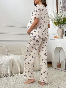 Butterfly Print Nursing Design Short Sleeve Pants Maternity Pajamas Set