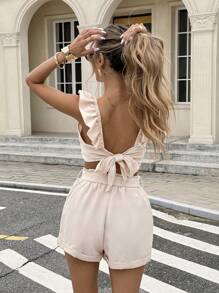Serisse Women Solid Color Simple Daily Top & Shorts Set With Frill Hem Decoration Summer Casual - Apricot - View 4