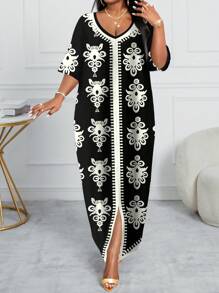 SHEIN Lady 大码全印花V领短袖优雅夏装 - 黑色 - 查看 5