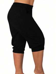 SHEIN LUNE Pantalones casuales de 3/4 de largo con cintura de cordón y estampado de corazón de perlas artificiales para mujer