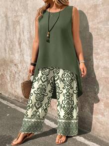EMERY ROSE Set da 2 pezzi con taglie comode: top smanicato con stampa paisley e pantaloni a zampa larga