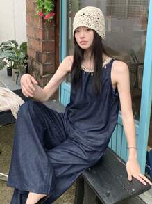 DAZY Women's Summer Bohemian Sequined Patchwork Sleeveless Top And Loose Casual Wide Leg Pants 2 Pieces Suit, Vacation Style