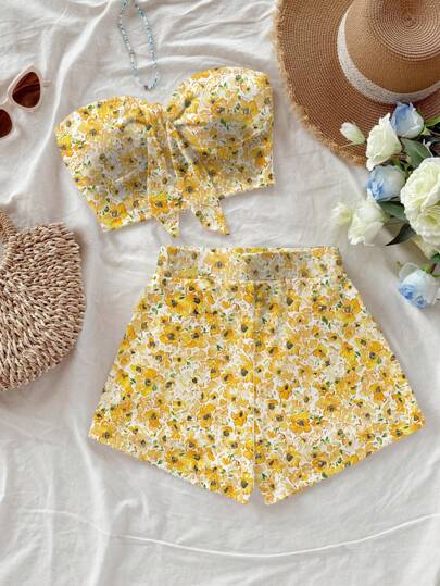 Soleia 女士两件套碎花抹胸短裤套装，适合节日、约会、休闲下午茶、派对、音乐节、度假、波西米亚风、海滩、巡航沙滩装碎花两件套黄色碎花两件套碎花两件套短裤套装适合外出