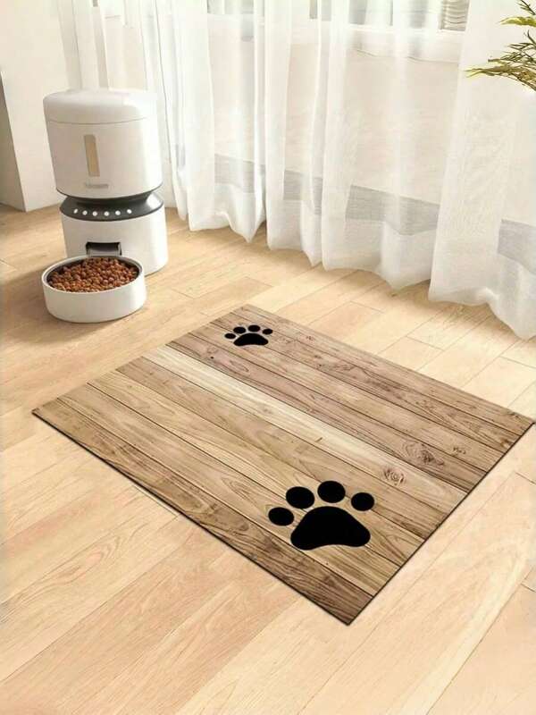 SHEIN 1pc Wood Grain Paw Print, Dog & Cat Small Animal Feeding Mat, Durable Non-Slip, Water Absorbent & Stain-Resistant, Ldeal For Cats - Pet Food &Water Bowl Placemat For Home Decor, Kitchen Floor Mats, Pet Accessories,Ldeal For Pets