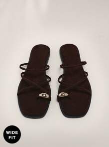 SHUZIA Wide Fit Women's Suede Chocolate With Gold Accent Ring Toe Thong Slides–Plus Size Fashionable & High-Quality Elegance - Coffee Brown - View 6
