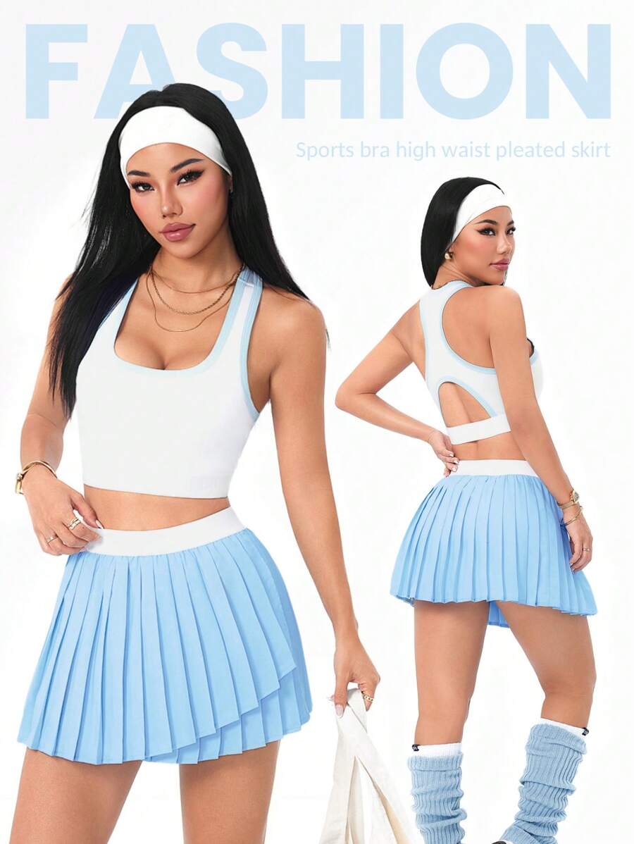 Easithlete Yoga Outfit Set: Spaghetti Strap Top & Mid-Length Skirt, Fashionable Workout Women Sets - Blue and White - View 1
