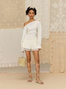 SHEIN MOD 女士荷叶边优雅缎面蕾丝边短裤 - 杏色 - 查看 1