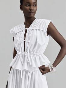 Ontre 女士秋季舒适度假休闲通勤褶饰抽绳上衣和裙子两件套，度假风格，乡村音乐节装扮，节日两件套 - 白色 - 查看 2