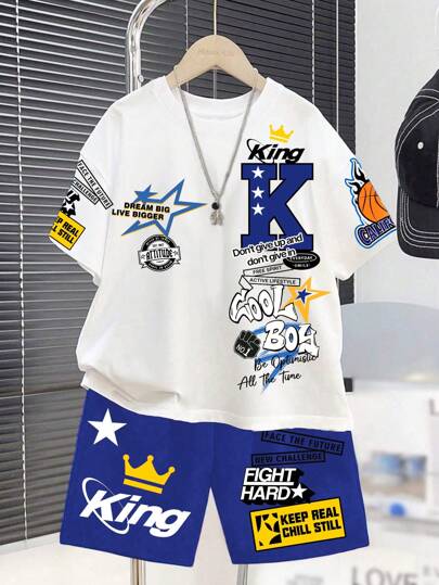 SHEIN Tween Boy Casual Minimalist Short Sleeve Crew Neck 2 Pieces Set, Suitable For Summer