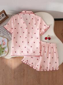 SHEIN Genkimix Kids Bộ đồ ngủ 2 món cho bé gái tuổi teen, áo ngắn tay thanh lịch in họa tiết quả anh đào có viền xếp nếp và quần short, đồ ngủ thời trang thoải mái - Hồng - Xem 2