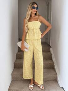 Easowa 黄色可爱碎花吊带背心和松紧腰裤两件套，夏季奶油黄柠檬连衣裙夏威夷服装女式欧洲夏季两件套夏季套装度假两件套 - 黃色 - 查看 5
