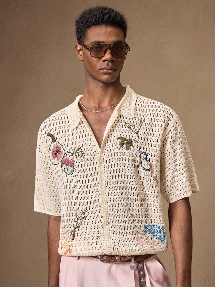 アプリコットジャガード刺繍ニットカラーショートスリムフィットカジュアルシャツ/秋セーター、デイリー、通勤、夏、休暇、パーティー、カップル、彼氏ギフト、父の日ギフト、ビーチウェアに適しています