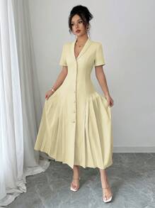 Elenzga Women's Spring/Summer French Elegant Formal Slim Fit Collared Button Front Short Sleeve Dress - Light Yellow - View 4