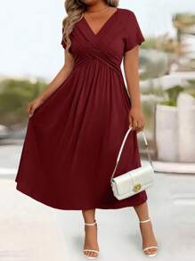 Breezaya 女士优雅麻花针织扭纹连衣裙，休闲通勤，A 字飘逸宽松，修身 - 酒紅色 - 查看 6