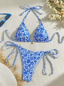 Swim Vcay Women's Tropical Plant Print Halter String Sexy Bikini Swimsuit Set, Random Print For Summer Beach Vacation