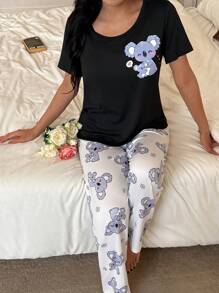 Cute Cartoon Print Casual Round Neck Short Sleeve Pants Sleepwear Set For Women - White - View 5