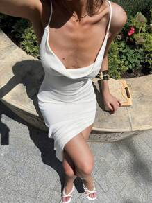 Aloruh Women's Solid Color Draped Neck Side Slit Hemline Sleeveless Knit Dress - Apricot - View 8
