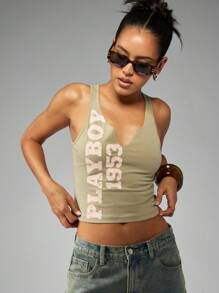 Missguided x Playboy Distressed Text Print Crop Tank Racer Back Workout Top Summer Festival Y2K Style Top - Green - View 1