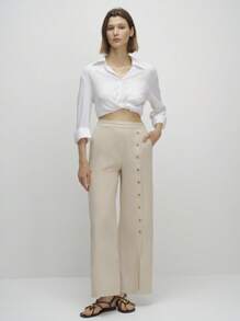 Airaco 女士休闲高开叉阔腿棉裤 - 卡其色 - 查看 4