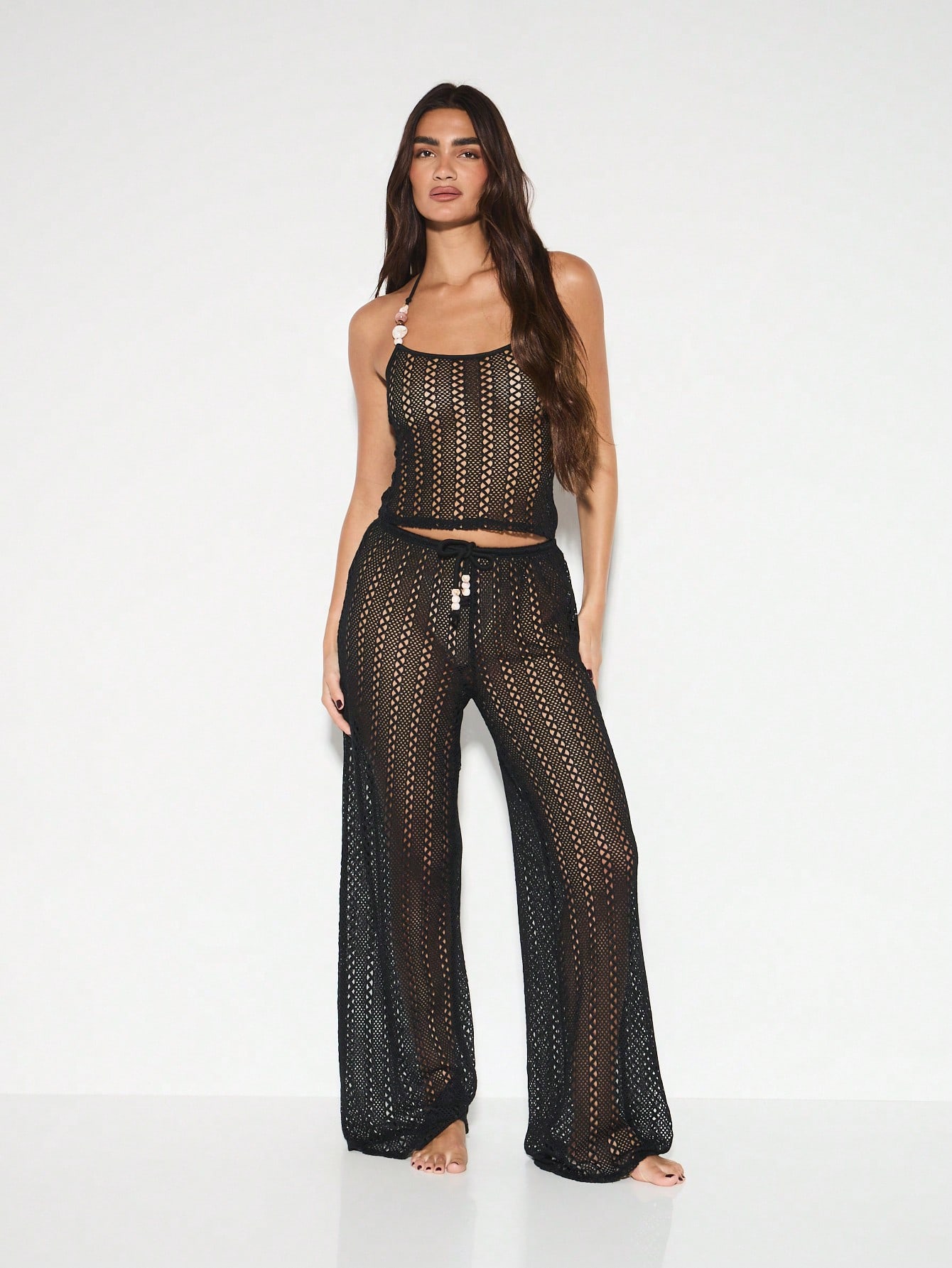 KIZN Bohemian Crochet Halter Crop Top With Beaded Strap