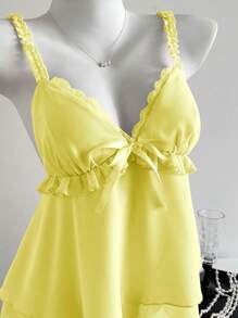 SHEIN Unity Camisola con escote en V de gasa con volantes en capas y patchwork elegante - Amarillo - Ver 3