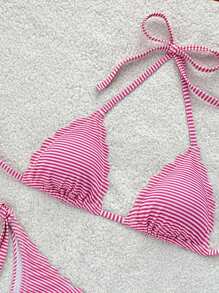 Swim Mod Women Summer Beach Striped Halter Tied Sexy Bikini Set, Random Print - Pink - View 4