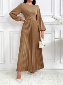 Modelyn 优雅纯色腰部褶饰长袖女式阿拉伯风格连衣裙