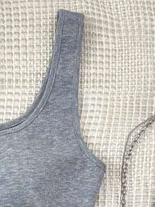 SHEIN Teen Girls Basic White Polka Dot Ribbed Racerback Tank Top With Gold Buttons, Casual All-Match White Camisole - Grey - View 3