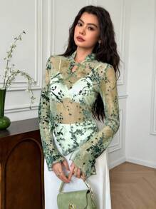 EastFlair Women Floral Flocked Mesh Long Sleeve Button Design Fashion Top