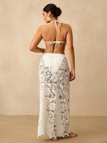 SHEIN VCAY 大码女式白色蕾丝镂空蕾丝裙，优雅性感休闲，适合春夏假期、海滩派对