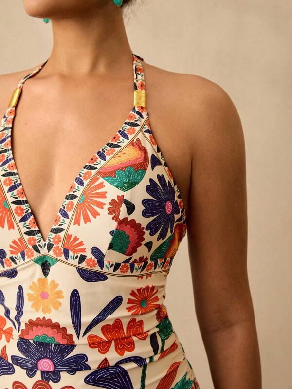 Travachic Große Größen Boho-Stil tropischer bunter floraler bedruckter V-Ausschnitt rückenfreier Badeanzug für Damen, Sommer