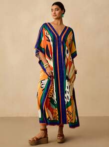 Travachic 大码女式度假全印花V领蝙蝠袖宽松休闲连衣裙 - 彩色 - 查看 2