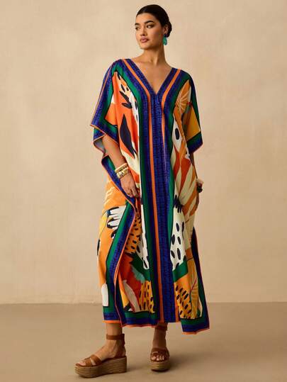 Travachic Đầm suông rộng rãi in họa tiết cổ chữ V tay cánh dơi cho kỳ nghỉ cỡ lớn dành cho nữ