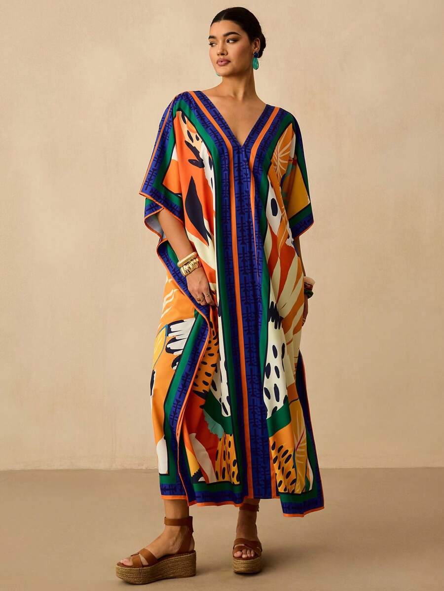 Travachic 大码女式度假全印花V领蝙蝠袖宽松休闲连衣裙