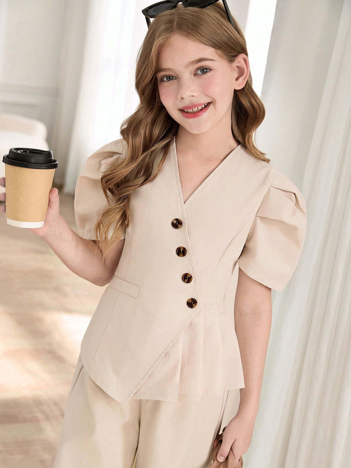 SHEIN مجموعة بنطلون وبليزر للفتيات بأكمام متضخمة و...