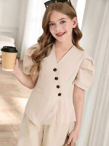 SHEIN 2 件套女童泡泡袖西装上衣，斜扣褶边和直筒阔腿裤套装 - 杏色 - 查看 5