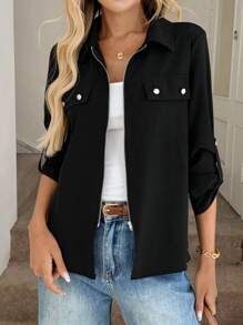 Easowa Multi-Season Casual Women's Zip-Up Shirt With Patch Pockets And Collar, Versatile Everyday Wear,Office Wear Women,Ladies Casual Button,Pocket,Zipper Long Sleeve Collar Regular Fit Regular Black Roll Up Sleeve Shirt Women Blouses,Spring/Fall ,Casual Daily Wear - Black - View 4