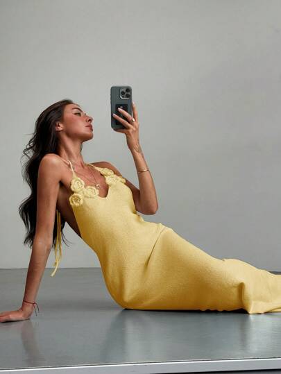 Aloruh Apricot Bodycon Halter Backless Textured Floral Summer Knit Mini Dress For Romantic Date, Vacation