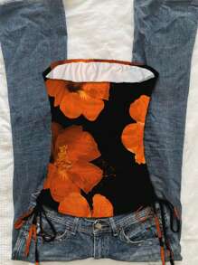 Attitoon 橙色和黑色热带花卉印花褶饰扭纹短款吊带背心，适合夏季旅行和度假