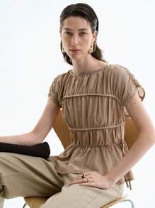 Aalyst Women's Casual Round Neck Short Sleeve Pleated Layered Minimalist Drawstring Bowknot Solid Color Blouse, Spring/Summer