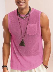 Manfinity VCAY 男士针织休闲宽松纯色无袖背心，日常男士背心，夏季男士背心，节日男士无袖上衣，男士渔网背心，男士网眼背心，男士无袖上衣，男士渔网背心，男士夏季背心，2000 年代风格 - 粉色 - 查看 1