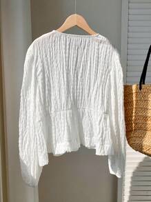 Comfortcana 加大码女式橙色休闲衬衫，简约时尚，适合日常穿着，系带前开襟衬衫，白色衬衫，女式纹理衬衫 - 白色 - 查看 2