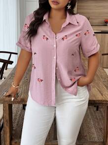 EMERY ROSE Plus Size Summer Casual Embroidered Texture Linen Look Shirt - Pink - View 1